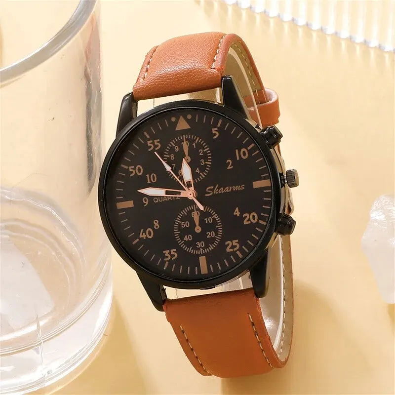 New Men Watch Luxury Bracelet Set Fashion Business Brown Leather Quartz Wrist Watches for Men Gift Set Relogio Masculino - Slobuy