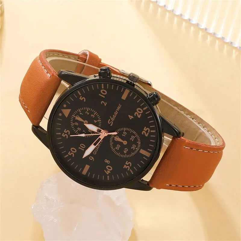 New Men Watch Luxury Bracelet Set Fashion Business Brown Leather Quartz Wrist Watches for Men Gift Set Relogio Masculino - Slobuy