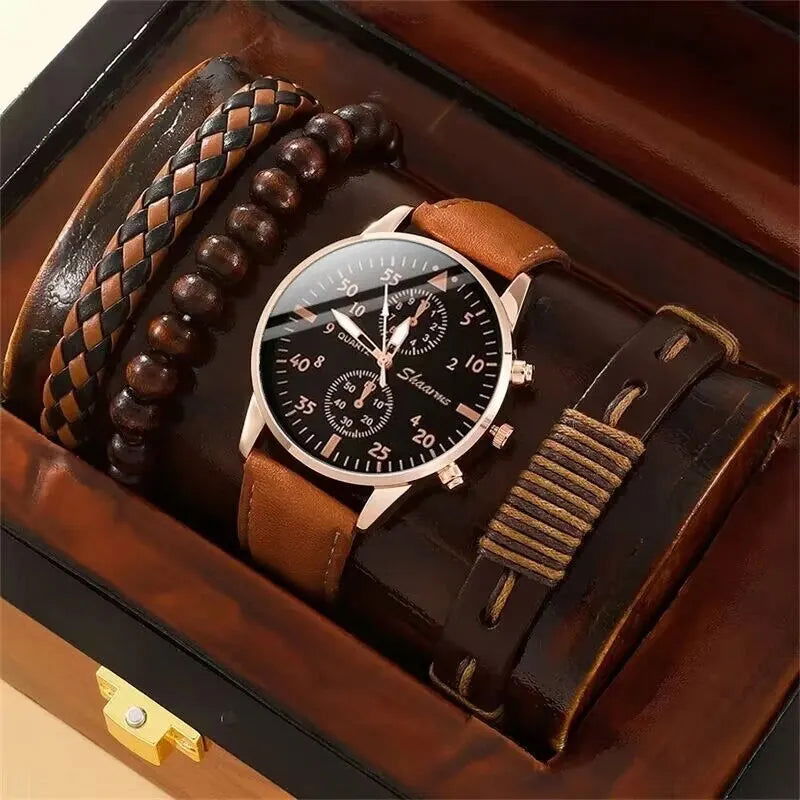 New Men Watch Luxury Bracelet Set Fashion Business Brown Leather Quartz Wrist Watches for Men Gift Set Relogio Masculino - Slobuy