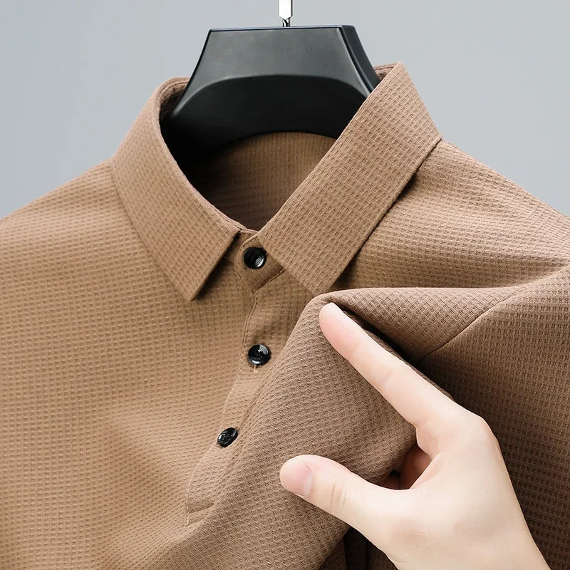 New Men's Casual Waffle Short Sleeve Polo Shirt Fashion Solid Color Top - Slobuy