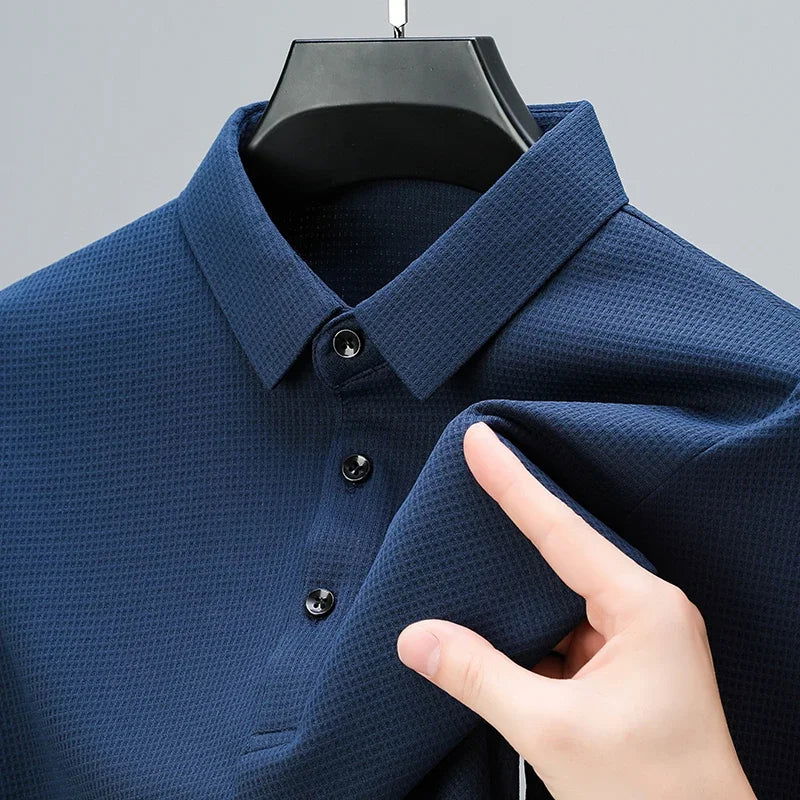 New Men's Casual Waffle Short Sleeve Polo Shirt Fashion Solid Color Top - Slobuy