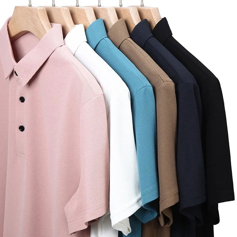New Men's Casual Waffle Short Sleeve Polo Shirt Fashion Solid Color Top - Slobuy