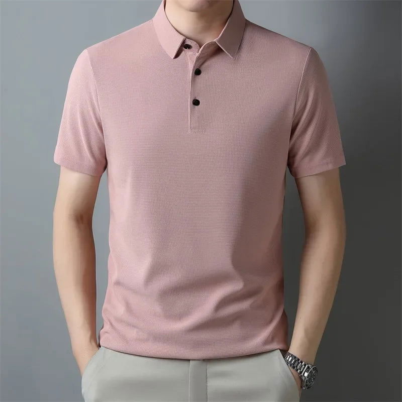 New Men's Casual Waffle Short Sleeve Polo Shirt Fashion Solid Color Top - Slobuy