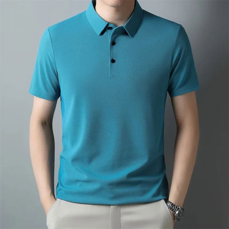 New Men's Casual Waffle Short Sleeve Polo Shirt Fashion Solid Color Top - Slobuy