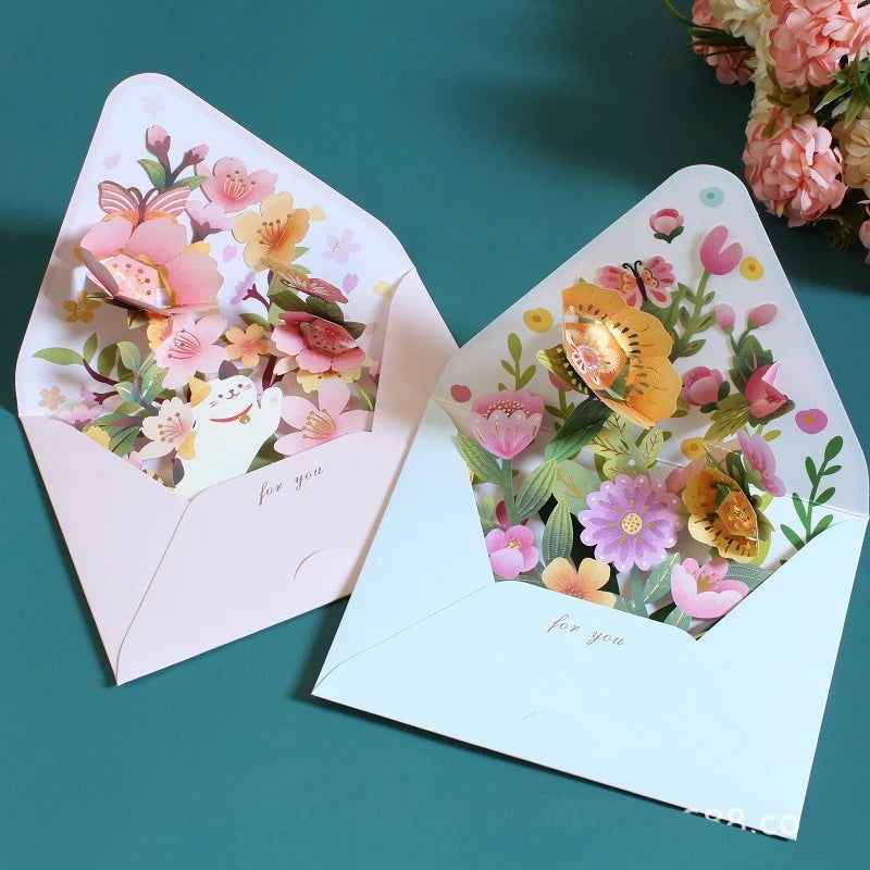 New Romantic Flower Birthday Christmas Card 3D Pop-up Greeting Cards Set Postcard Party Wedding Decor Creative Gifts Cards - Slobuy