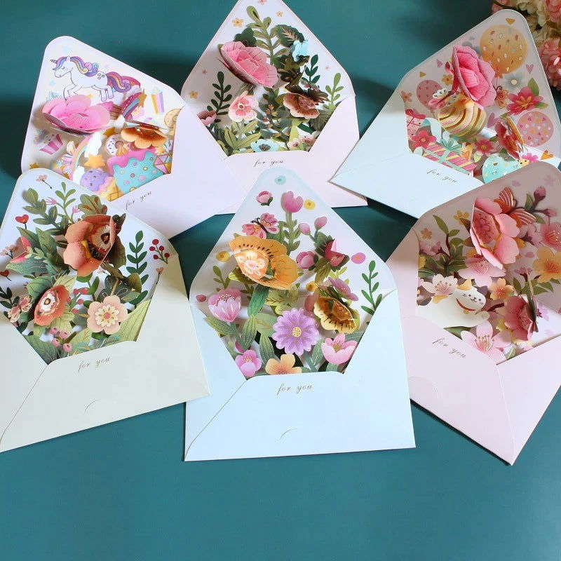 New Romantic Flower Birthday Christmas Card 3D Pop-up Greeting Cards Set Postcard Party Wedding Decor Creative Gifts Cards - Slobuy