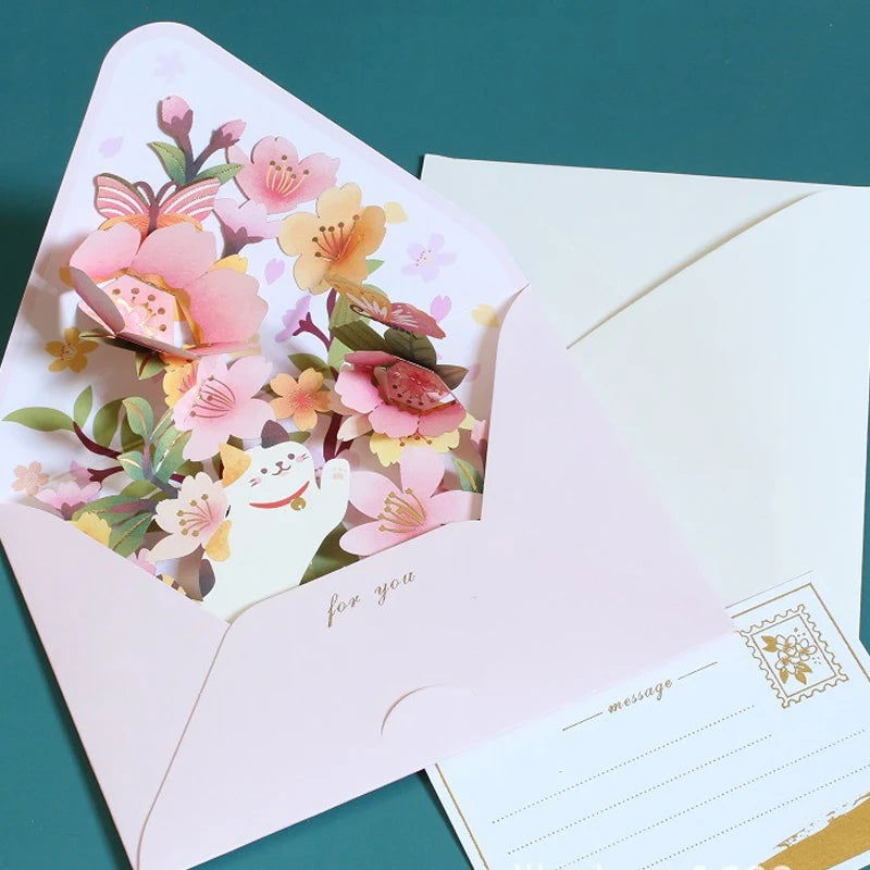 New Romantic Flower Birthday Christmas Card 3D Pop-up Greeting Cards Set Postcard Party Wedding Decor Creative Gifts Cards - Slobuy
