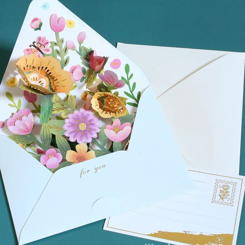 New Romantic Flower Birthday Christmas Card 3D Pop-up Greeting Cards Set Postcard Party Wedding Decor Creative Gifts Cards - Slobuy