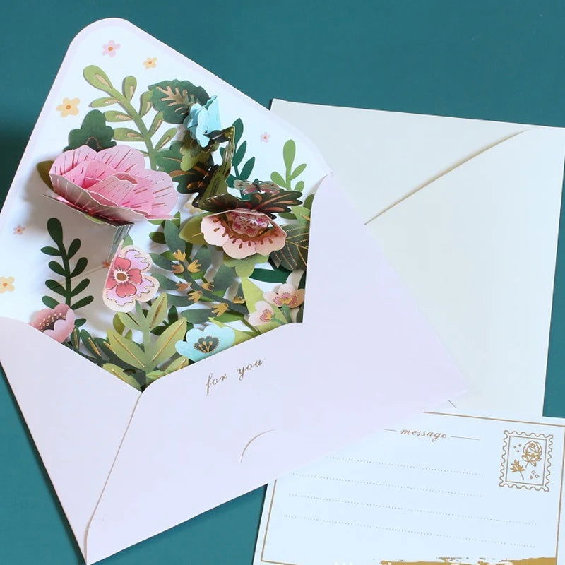 New Romantic Flower Birthday Christmas Card 3D Pop-up Greeting Cards Set Postcard Party Wedding Decor Creative Gifts Cards - Slobuy