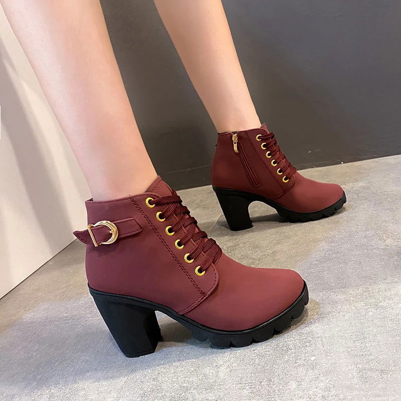 New Spring Winter Women Pumps Boots High Quality Lace-up European Ladies Shoes PU High Heels Boots Fast Delivery Platform Boots - Slobuy