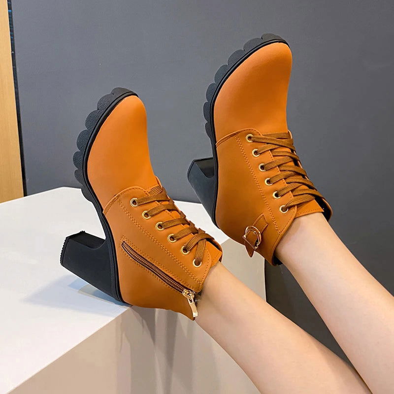 New Spring Winter Women Pumps Boots High Quality Lace-up European Ladies Shoes PU High Heels Boots Fast Delivery Platform Boots - Slobuy
