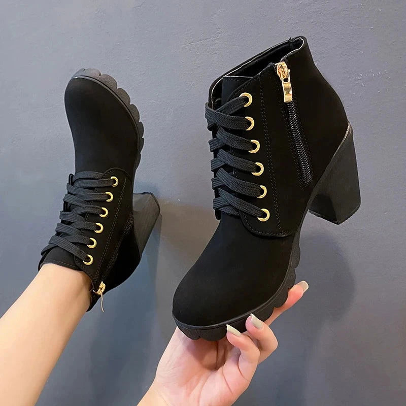 New Spring Winter Women Pumps Boots High Quality Lace-up European Ladies Shoes PU High Heels Boots Fast Delivery Platform Boots - Slobuy
