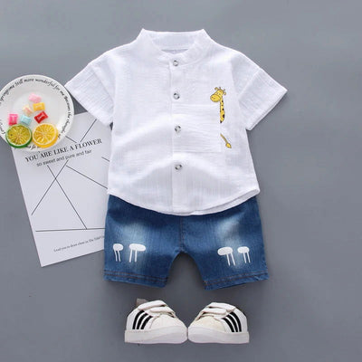 New Summer  Hot Sale Toddler Kids Baby Boys Shirt Cartoon Tops Denim Shorts Pants Outfits Set Baby Clothes - Slobuy