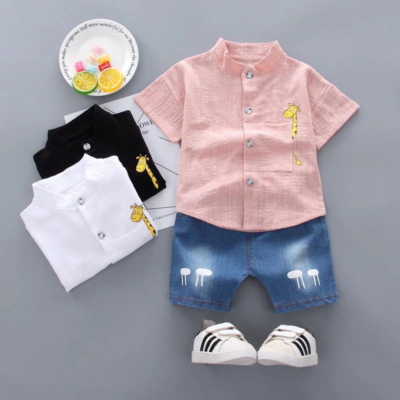 New Summer  Hot Sale Toddler Kids Baby Boys Shirt Cartoon Tops Denim Shorts Pants Outfits Set Baby Clothes - Slobuy