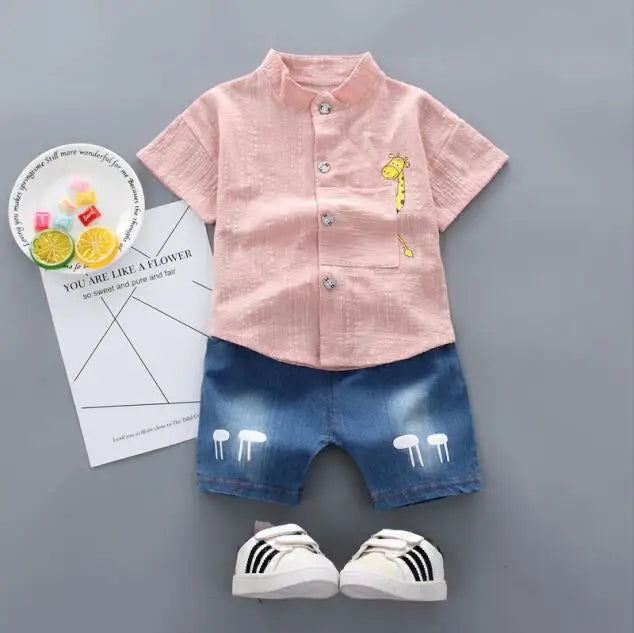 New Summer  Hot Sale Toddler Kids Baby Boys Shirt Cartoon Tops Denim Shorts Pants Outfits Set Baby Clothes - Slobuy