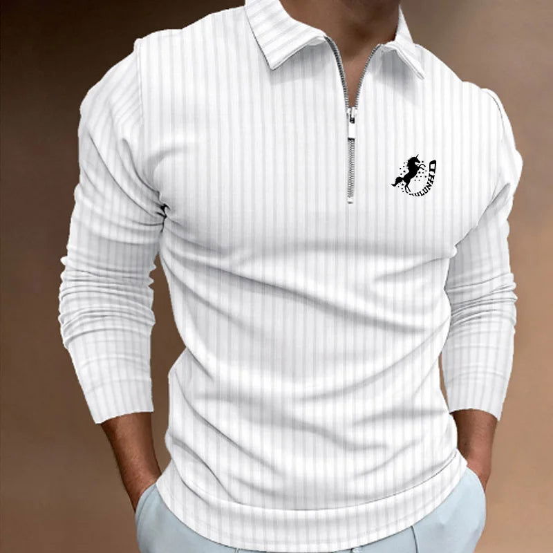 New Trending Men Long Sleeve Casual Print Stripe Zipper Polo Shirt Men Golf Polo Shirt . - Slobuy