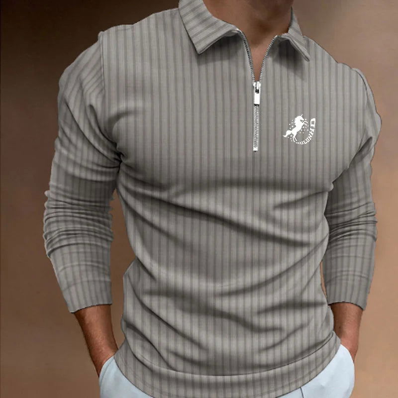New Trending Men Long Sleeve Casual Print Stripe Zipper Polo Shirt Men Golf Polo Shirt . - Slobuy