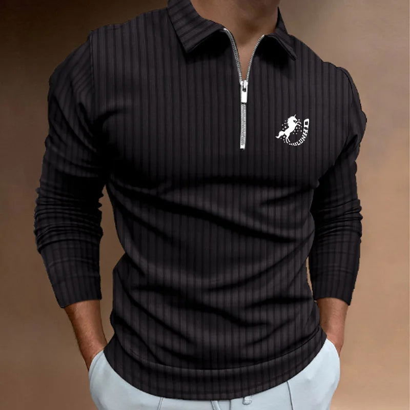 New Trending Men Long Sleeve Casual Print Stripe Zipper Polo Shirt Men Golf Polo Shirt . - Slobuy