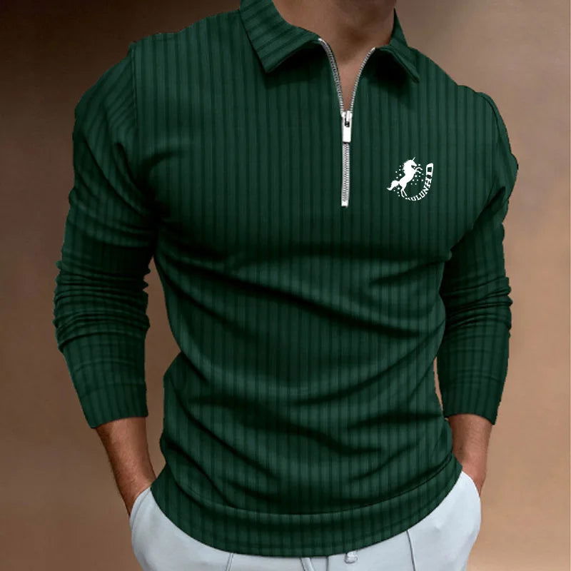 New Trending Men Long Sleeve Casual Print Stripe Zipper Polo Shirt Men Golf Polo Shirt . - Slobuy