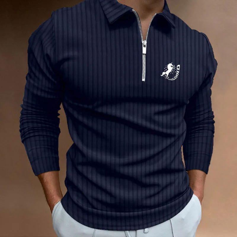 New Trending Men Long Sleeve Casual Print Stripe Zipper Polo Shirt Men Golf Polo Shirt . - Slobuy