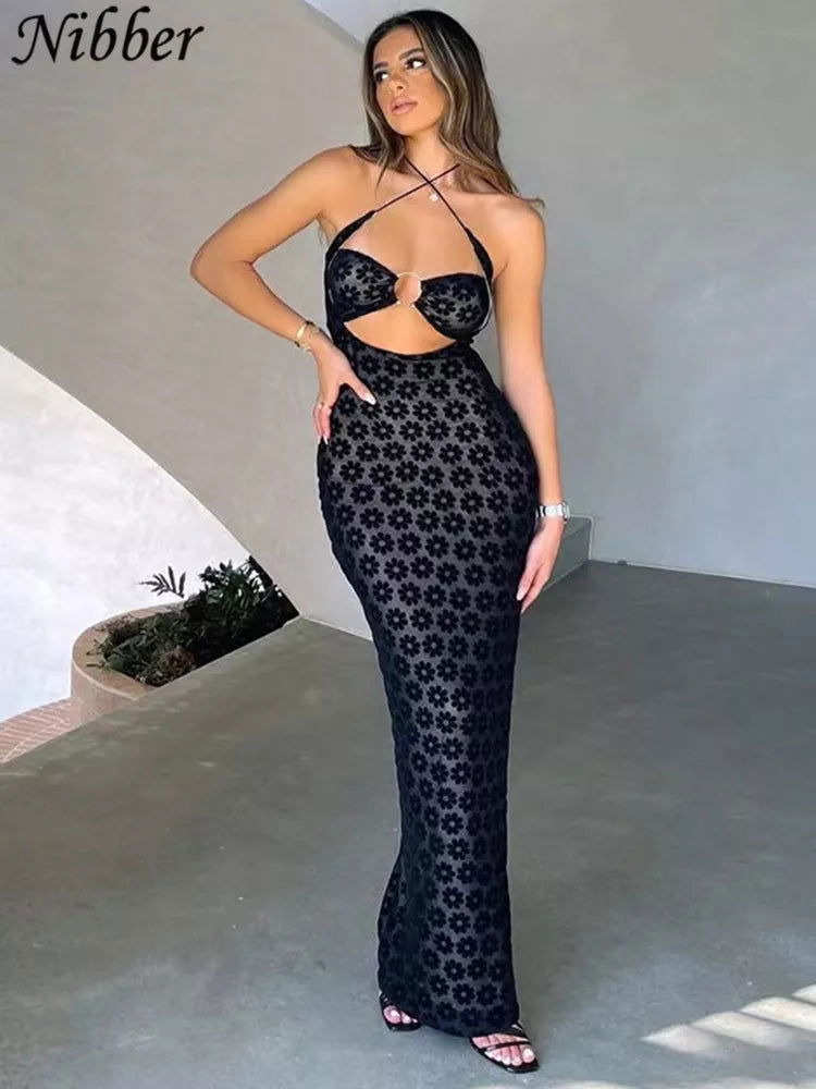 Nibber Solid Color Hanging Neck Maxi Dress Sexy Hollow Women Perspective Bag Hips Robe Female Street Trendy Dresses Clothing - Slobuy