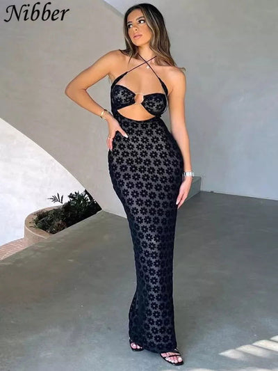 Nibber Solid Color Hanging Neck Maxi Dress Sexy Hollow Women Perspective Bag Hips Robe Female Street Trendy Dresses Clothing - Slobuy