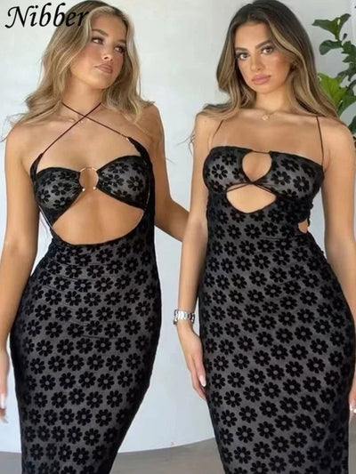 Nibber Solid Color Hanging Neck Maxi Dress Sexy Hollow Women Perspective Bag Hips Robe Female Street Trendy Dresses Clothing - Slobuy