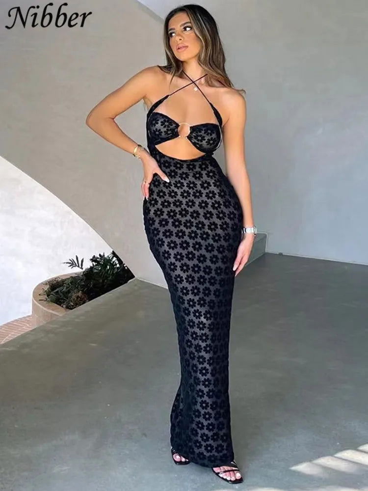 Nibber Solid Color Hanging Neck Maxi Dress Sexy Hollow Women Perspective Bag Hips Robe Female Street Trendy Dresses Clothing - Slobuy