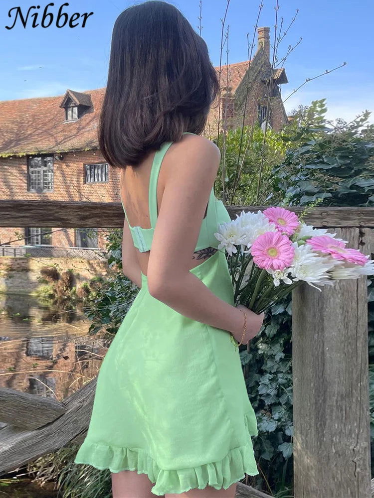 Nibber Vestidos Elegantes Para Mujer Solid Color Cutout Slim Sling Dress Sexy Backless Ruffle Dress Female2023 - Slobuy