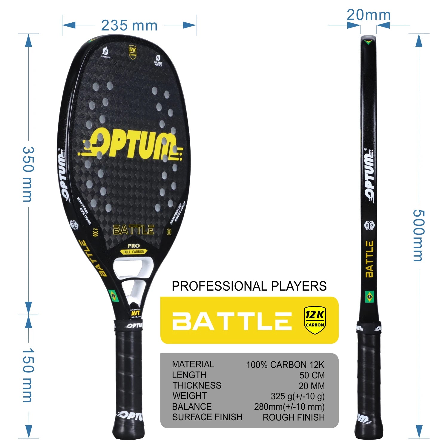 OPTUM BATTLE 12K Carbon Fiber Rough Surface Beach Tennis Racket With Cover Bag - Slobuy
