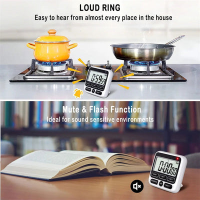 LCD Display Digital Kitchen Timer with Mute/Loud Alarm Switch ON/Off Switch 24 Hour Clock Alarm for Kids Teachers Cooking - Slobuy