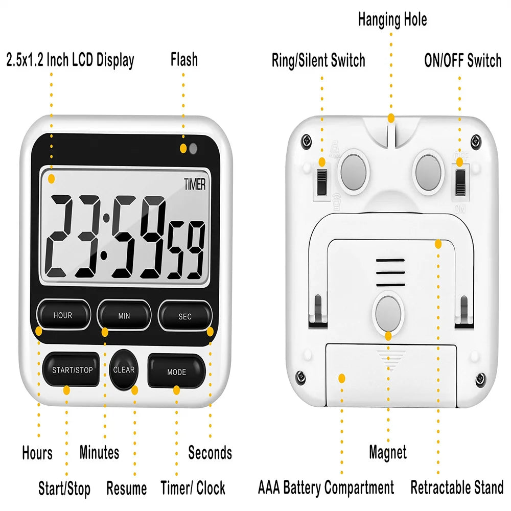 LCD Display Digital Kitchen Timer with Mute/Loud Alarm Switch ON/Off Switch 24 Hour Clock Alarm for Kids Teachers Cooking - Slobuy