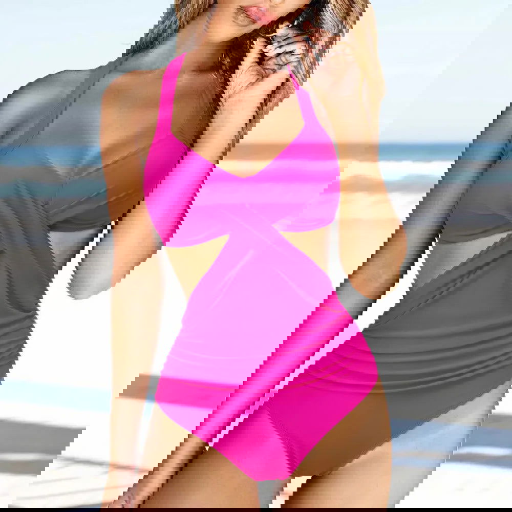 One Piece Tankini Swimwear 2023 New Solid Halter Plus Size Brazil Beach Push-Up Bathing Suit High Waist Bodysuit Monokini bikini - Slobuy