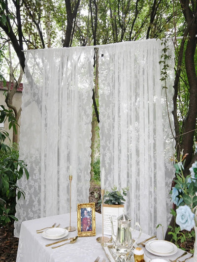 Outdoor Lace Curtain German Style White Flower Sheer Rod Pocket Curtain - Slobuy