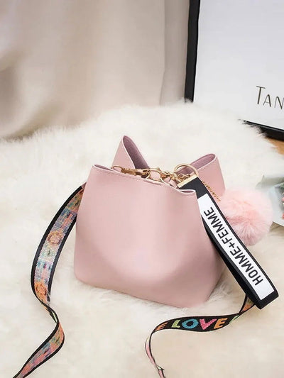 PU Leather Bucket Bag Large Capacity Single Shoulder Crossbody Bag with Shoulder Strap Have Printed for Women - Slobuy