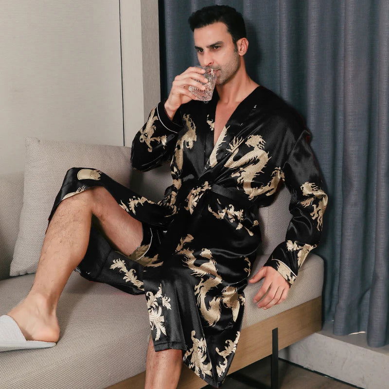 Pajama men's spring and autumn silk thin style oversized pajamas long sleeved bathrobes ice silk bathrobes home clothing summer - Slobuy