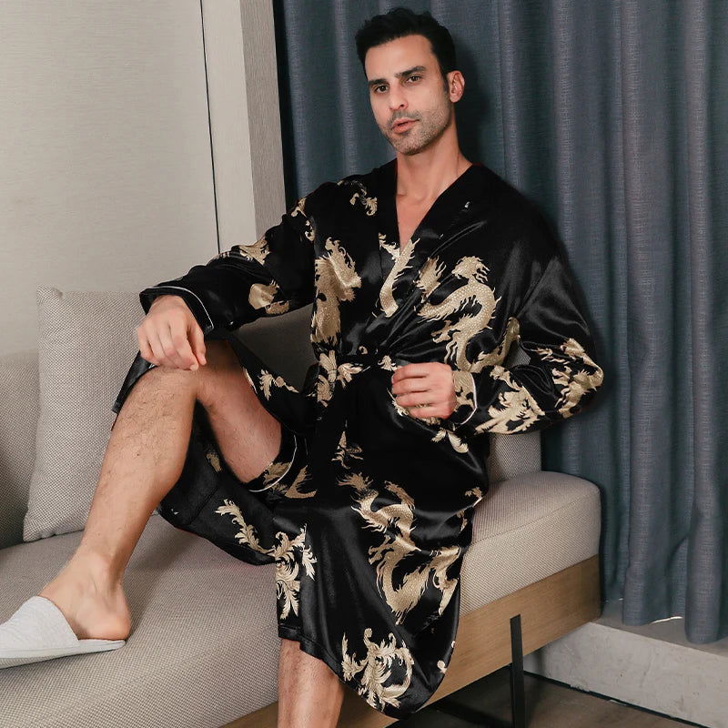 Pajama men's spring and autumn silk thin style oversized pajamas long sleeved bathrobes ice silk bathrobes home clothing summer - Slobuy
