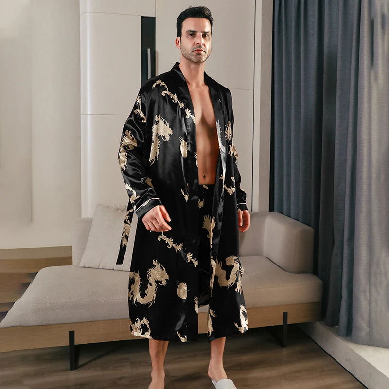 Pajama men's spring and autumn silk thin style oversized pajamas long sleeved bathrobes ice silk bathrobes home clothing summer - Slobuy