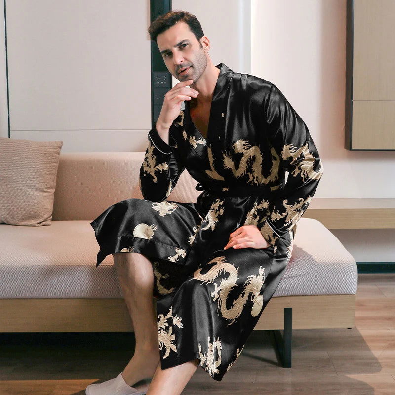 Pajama men's spring and autumn silk thin style oversized pajamas long sleeved bathrobes ice silk bathrobes home clothing summer - Slobuy