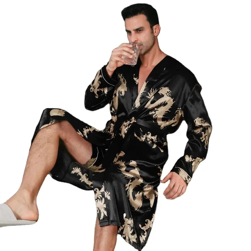Pajama men's spring and autumn silk thin style oversized pajamas long sleeved bathrobes ice silk bathrobes home clothing summer - Slobuy