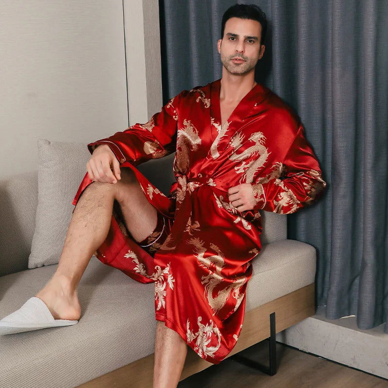 Pajama men's spring and autumn silk thin style oversized pajamas long sleeved bathrobes ice silk bathrobes home clothing summer - Slobuy