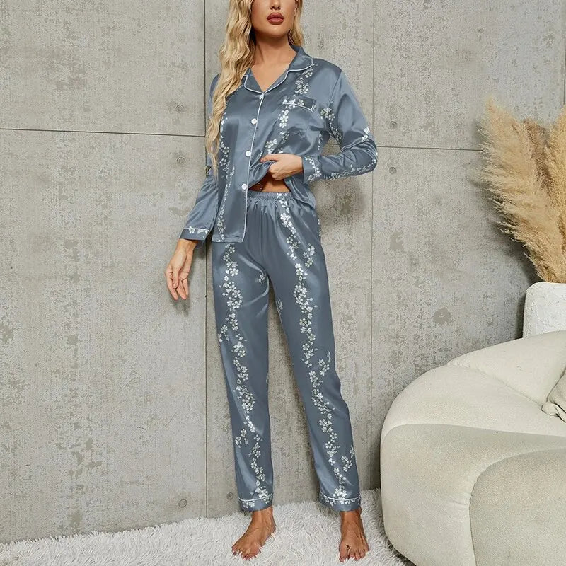 Pajamas Set Long Sleeve Sleepwear Women Button Down Nightwear Pj Sets Print Shirt with Trouser Loungewear Female Pyjamas Suits - Slobuy