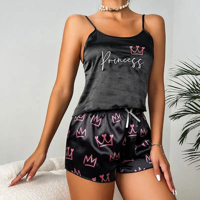 Pajamas Womens Sexy Lingerie Satin Sleepwear Silk Cami Shorts Set Soft Sleep Pjs 2 Piece Nightwear Print Pajamas Mujer Homewear - Slobuy
