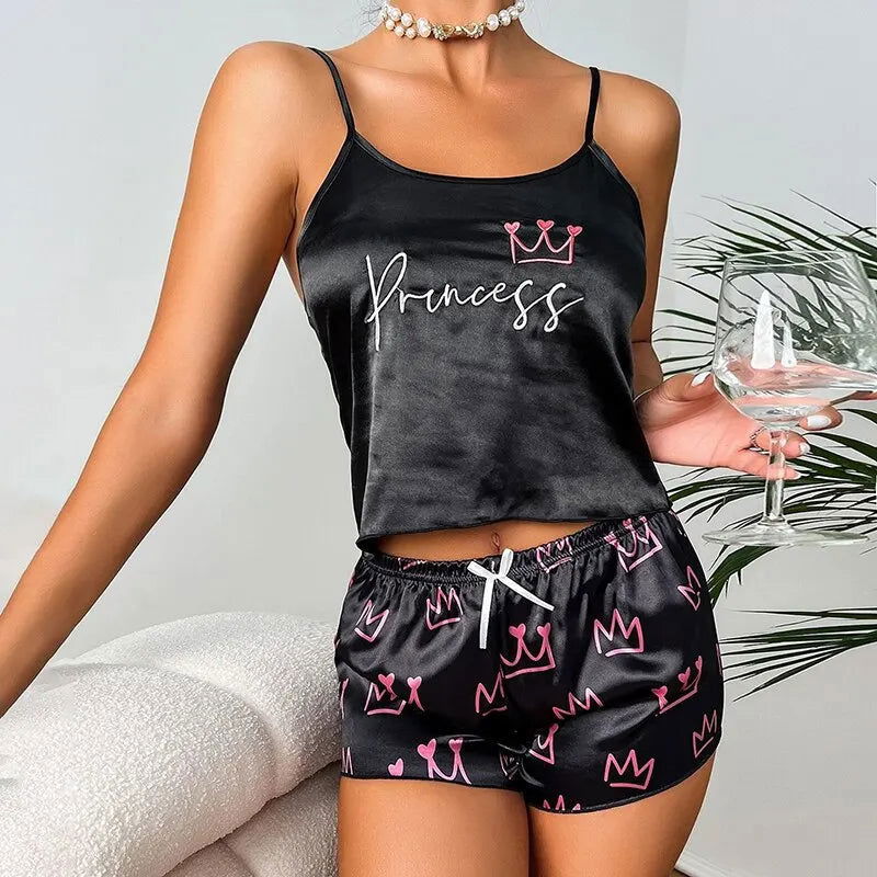 Pajamas Womens Sexy Lingerie Satin Sleepwear Silk Cami Shorts Set Soft Sleep Pjs 2 Piece Nightwear Print Pajamas Mujer Homewear - Slobuy