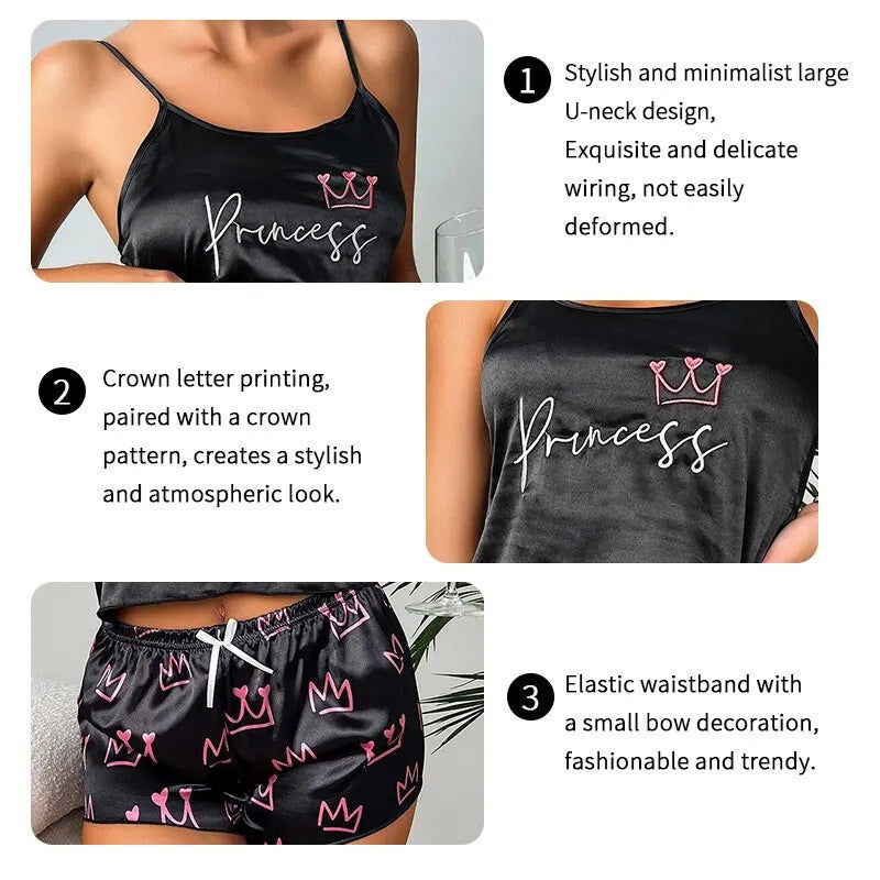 Pajamas Womens Sexy Lingerie Satin Sleepwear Silk Cami Shorts Set Soft Sleep Pjs 2 Piece Nightwear Print Pajamas Mujer Homewear - Slobuy