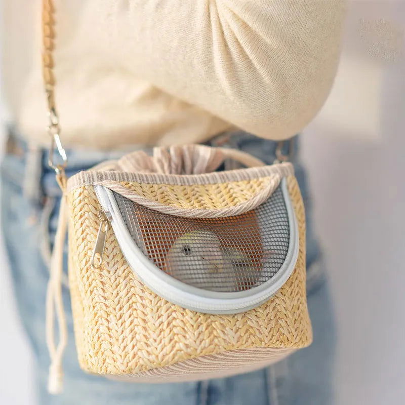 Parrot Cage Go Out with Straw Woven Peony Bird Small Pet Backpack Portable Breathable Outer Cage Bird Supplies Bird Cages - Slobuy