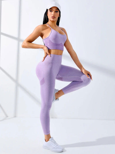 Women Yoga Set 2/Pcs Seamless Workout Outfits Yoga Sportswear Tracksuit Leggings And Thin Shoulder Strap Stretch Sports Bra Fitn - Slobuy
