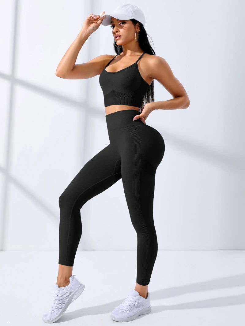 Women Yoga Set 2/Pcs Seamless Workout Outfits Yoga Sportswear Tracksuit Leggings And Thin Shoulder Strap Stretch Sports Bra Fitn - Slobuy
