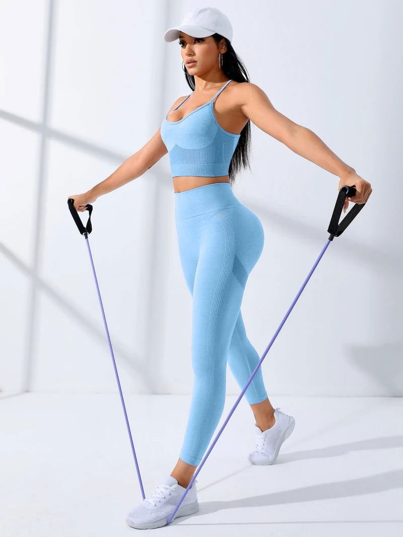 Women Yoga Set 2/Pcs Seamless Workout Outfits Yoga Sportswear Tracksuit Leggings And Thin Shoulder Strap Stretch Sports Bra Fitn - Slobuy
