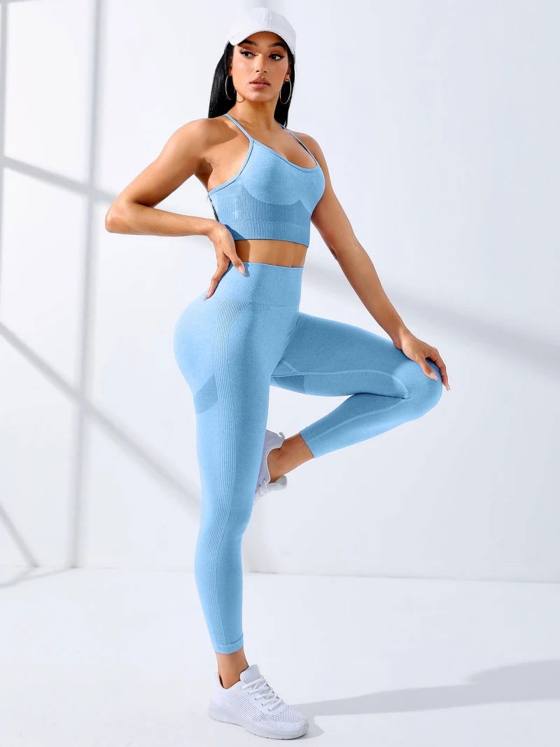 Women Yoga Set 2/Pcs Seamless Workout Outfits Yoga Sportswear Tracksuit Leggings And Thin Shoulder Strap Stretch Sports Bra Fitn - Slobuy